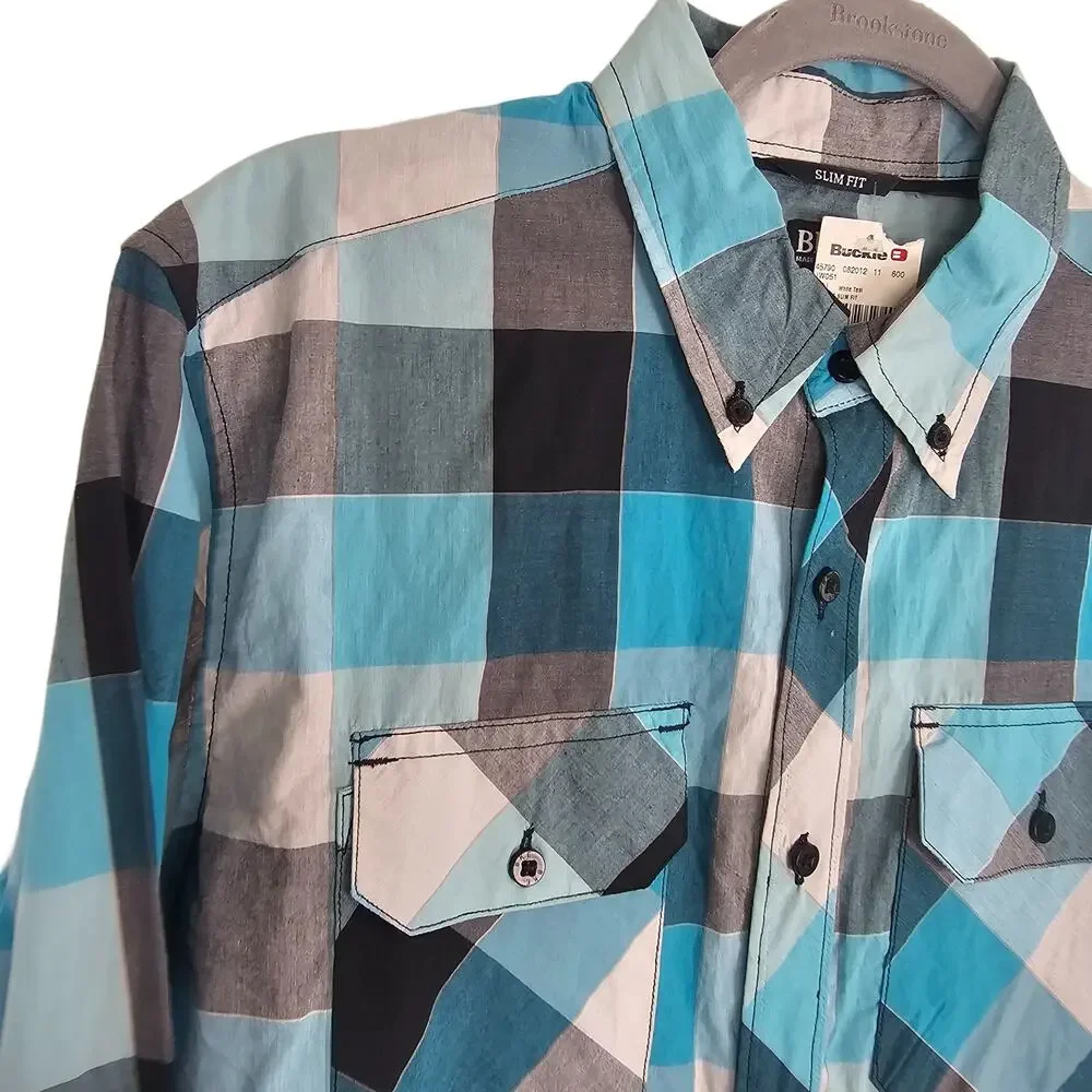 BKE Shirt Men M Blue Plaid Shirt Slim Fit Button Down Shirt Long Sleeve Shirt - Picture 5 of 9